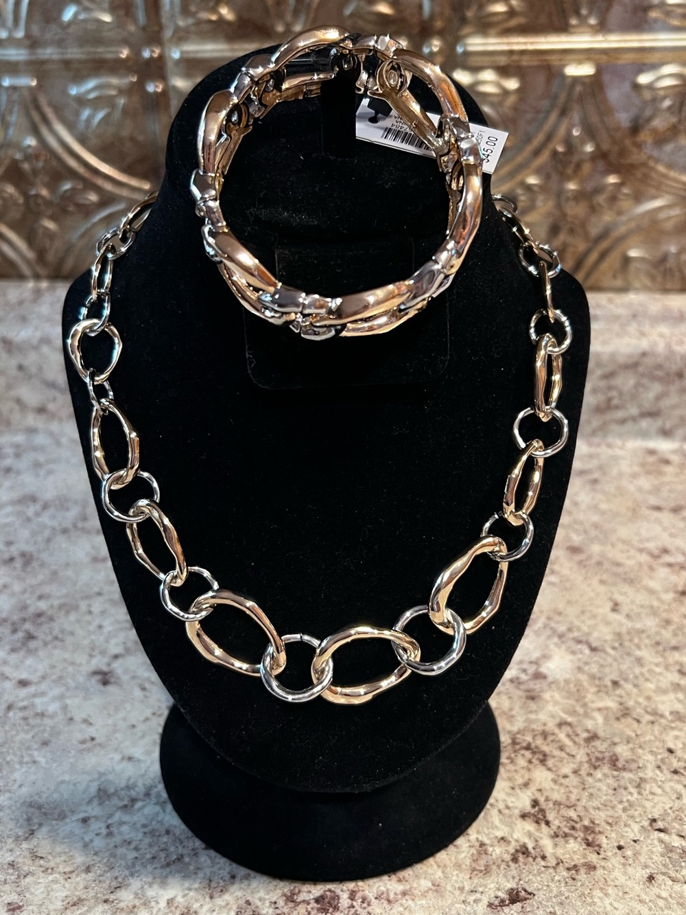 WHBM Silver + Gold Sculptural Statement Necklace & Bracelet Set Both NWT